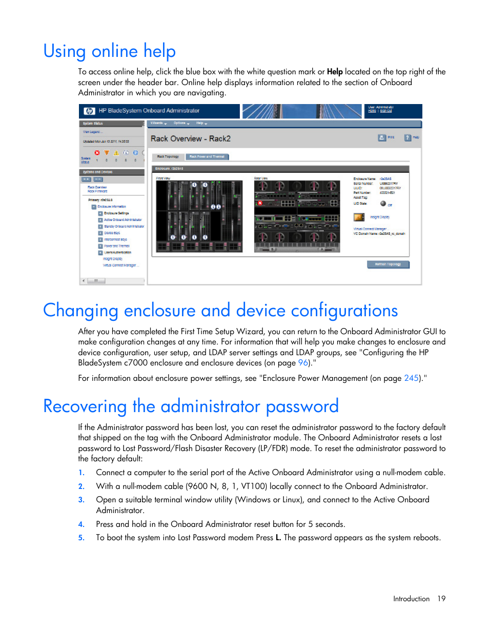 Using online help, Changing enclosure and device configurations, Recovering the administrator password | HP Onboard Administrator User Manual | Page 19 / 347