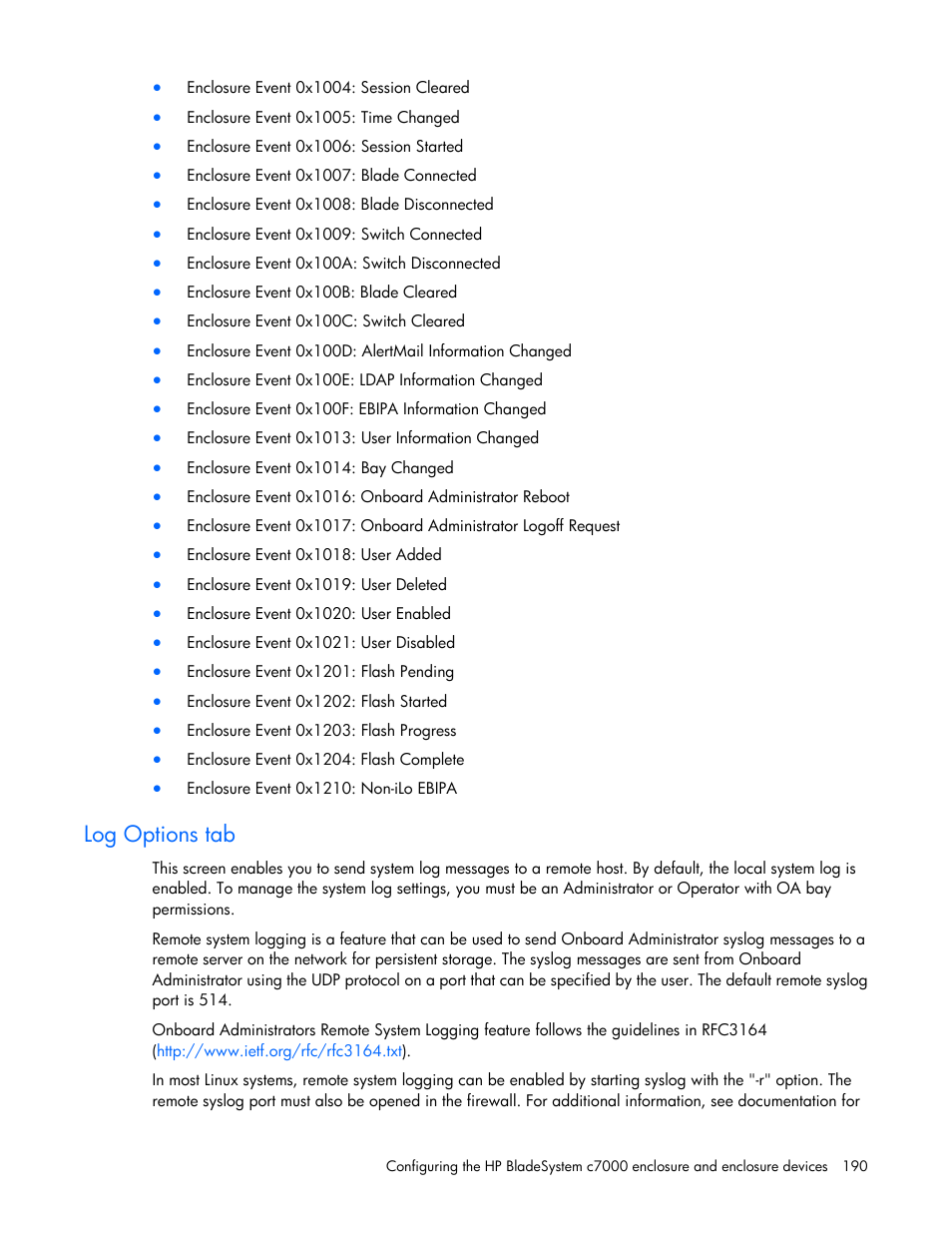 Log options tab | HP Onboard Administrator User Manual | Page 190 / 347