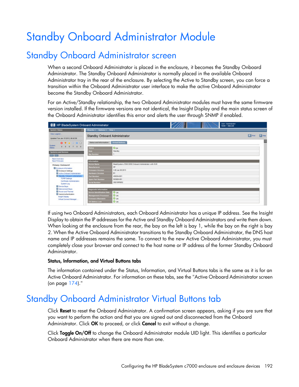 Standby onboard administrator module, Standby onboard administrator screen, Standby onboard administrator virtual buttons tab | HP Onboard Administrator User Manual | Page 192 / 347