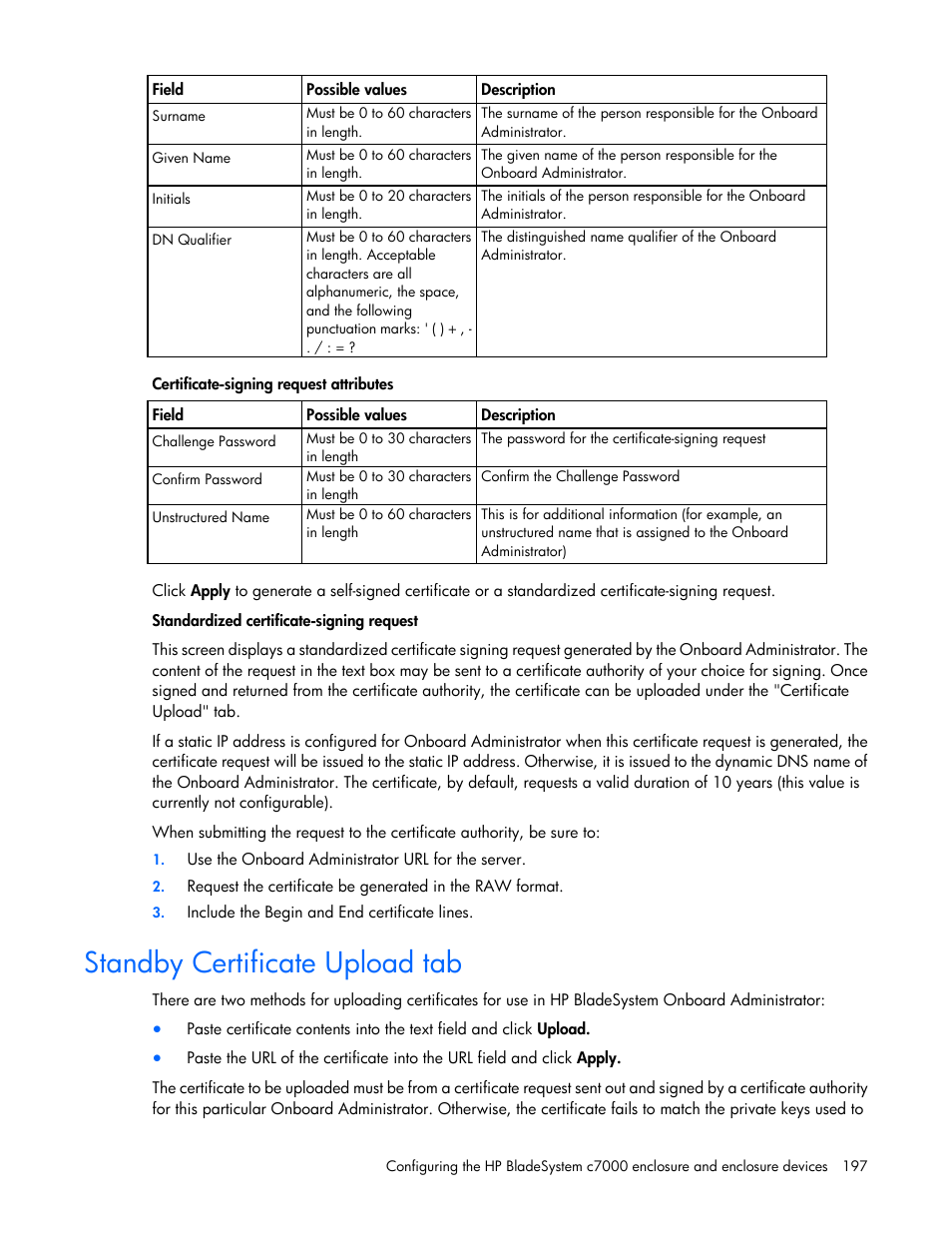 Standby certificate upload tab | HP Onboard Administrator User Manual | Page 197 / 347