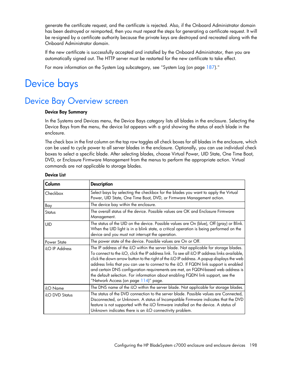 Device bays, Device bay overview screen | HP Onboard Administrator User Manual | Page 198 / 347