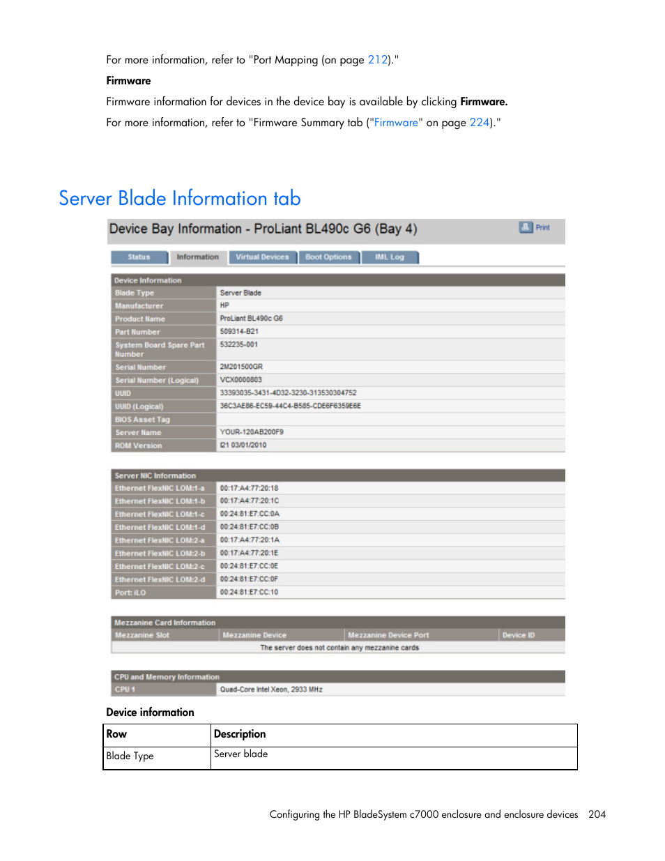 Server blade information tab | HP Onboard Administrator User Manual | Page 204 / 347
