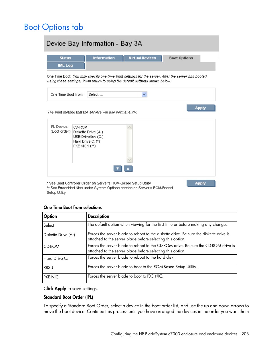 Boot options tab | HP Onboard Administrator User Manual | Page 208 / 347