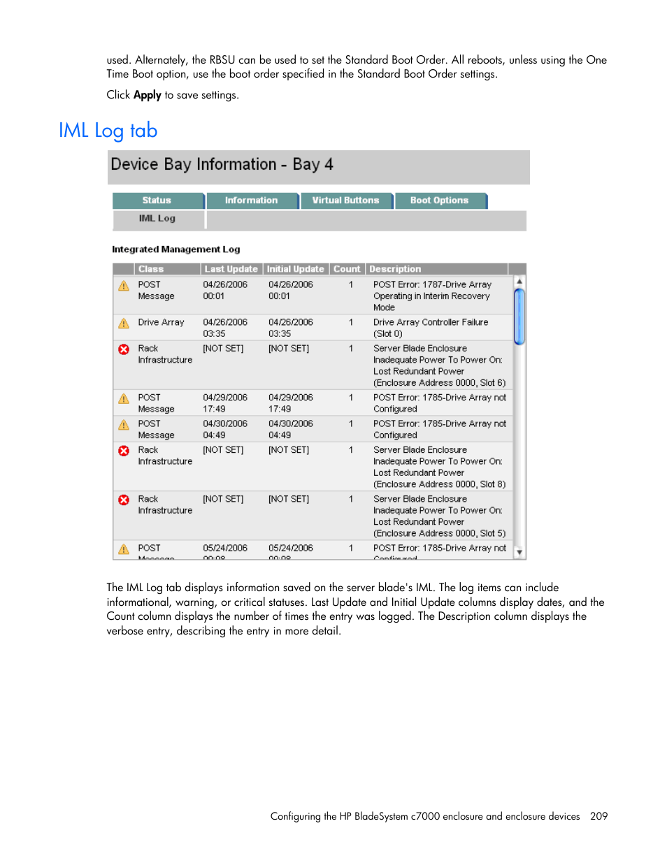 Iml log tab | HP Onboard Administrator User Manual | Page 209 / 347