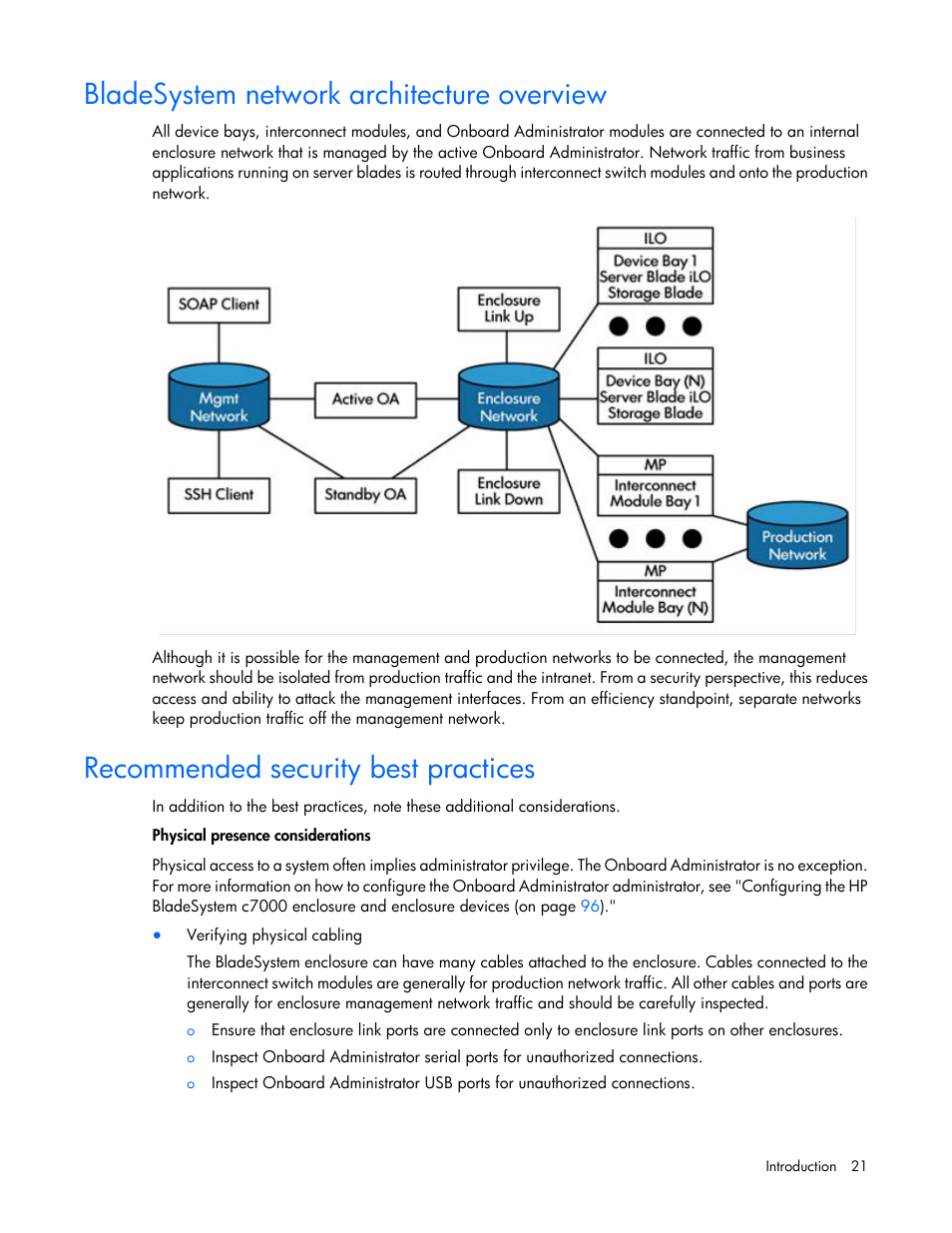 Bladesystem network architecture overview, Recommended security best practices | HP Onboard Administrator User Manual | Page 21 / 347