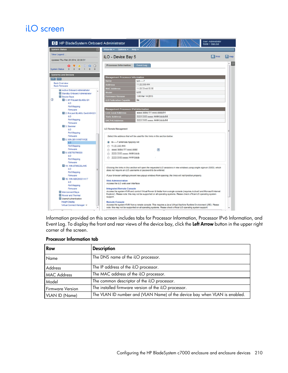 Ilo screen | HP Onboard Administrator User Manual | Page 210 / 347