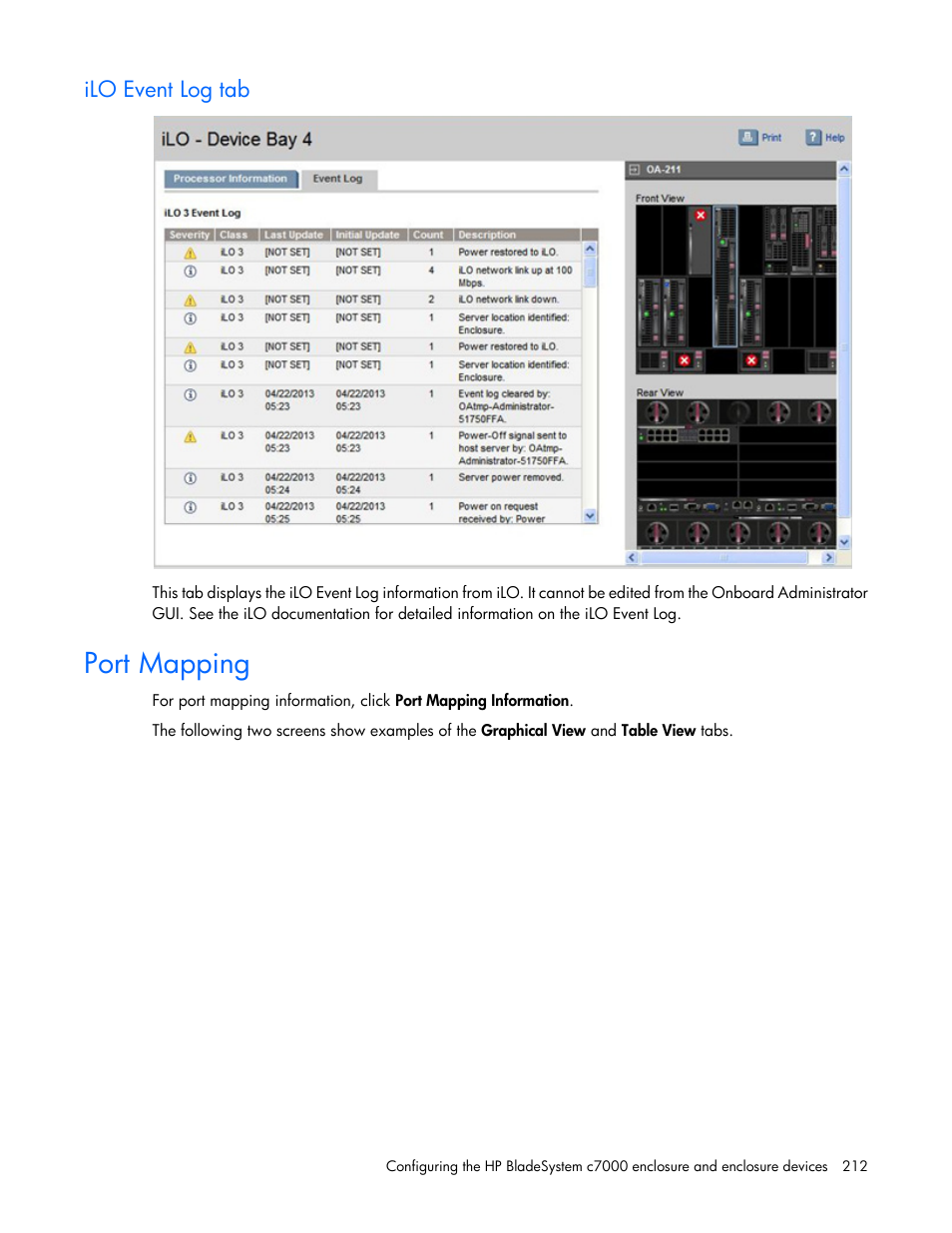 Ilo event log tab, Port mapping | HP Onboard Administrator User Manual | Page 212 / 347