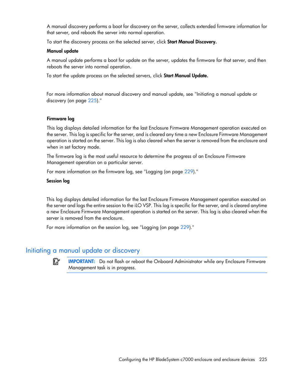 Initiating a manual update or discovery | HP Onboard Administrator User Manual | Page 225 / 347