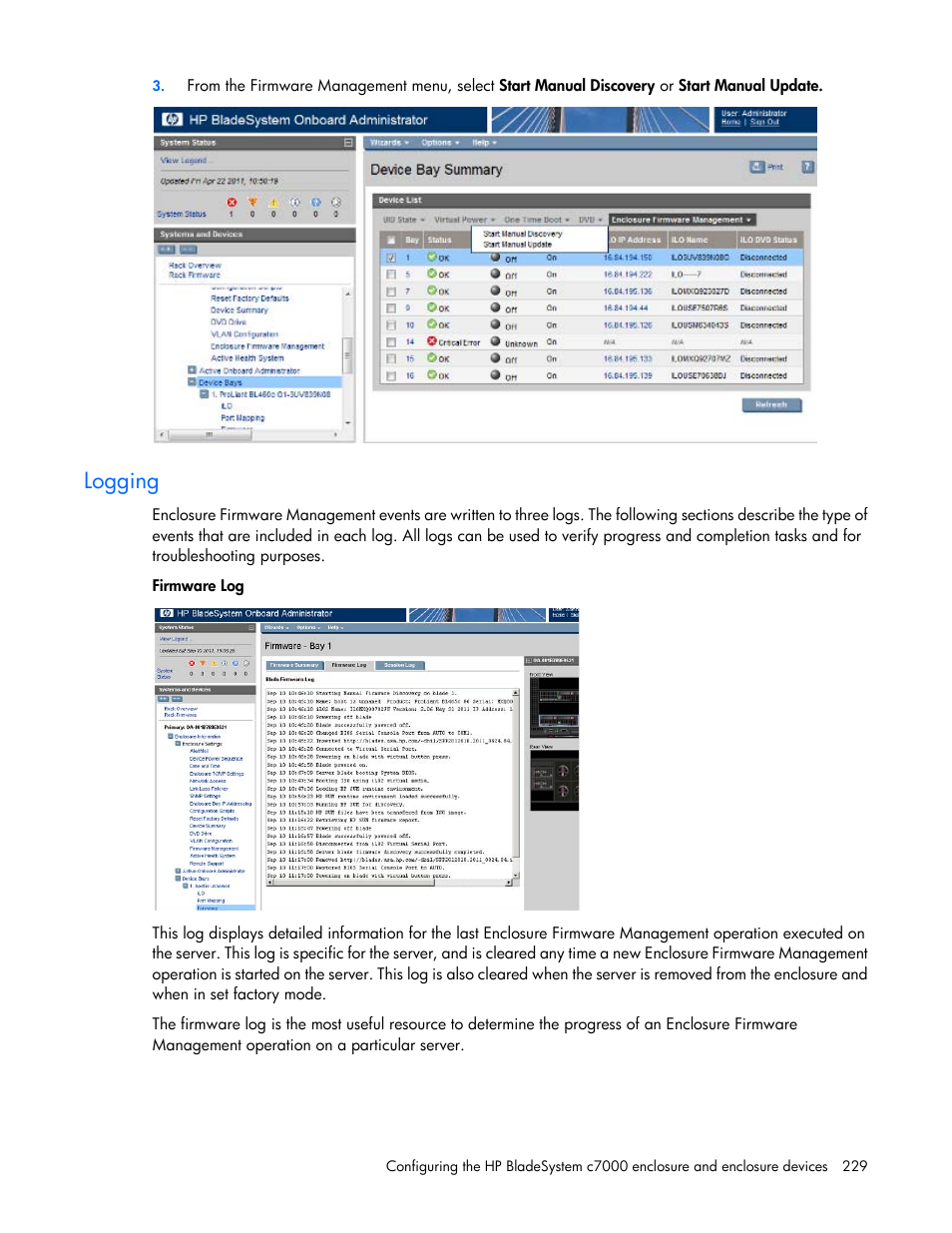 Logging | HP Onboard Administrator User Manual | Page 229 / 347