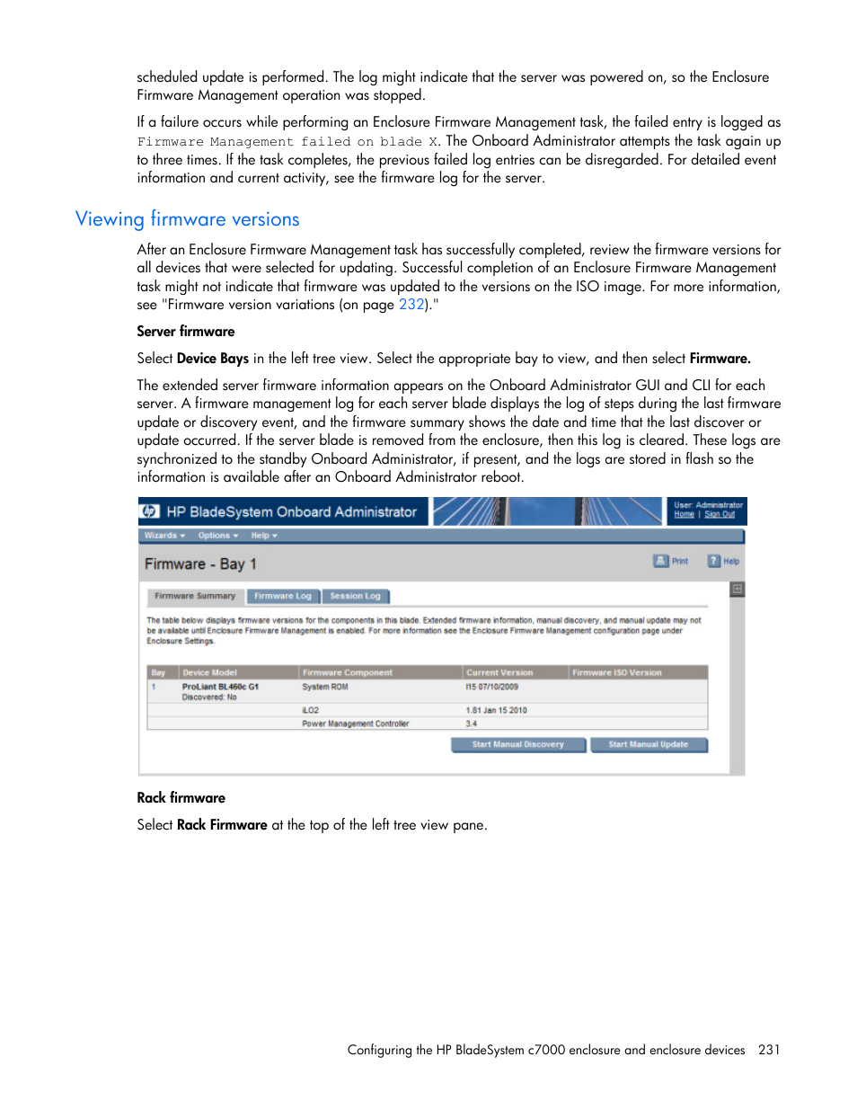 Viewing firmware versions | HP Onboard Administrator User Manual | Page 231 / 347