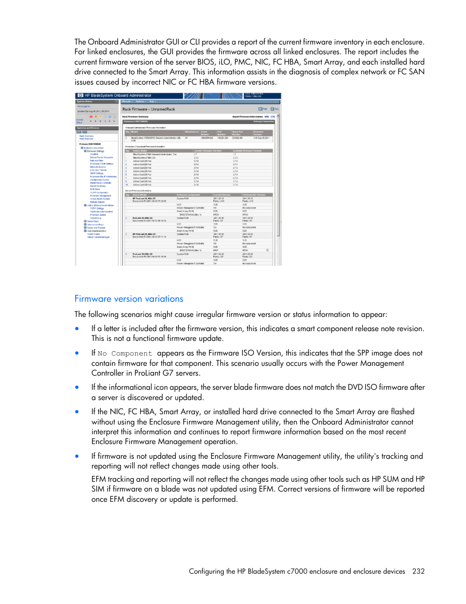 Firmware version variations | HP Onboard Administrator User Manual | Page 232 / 347