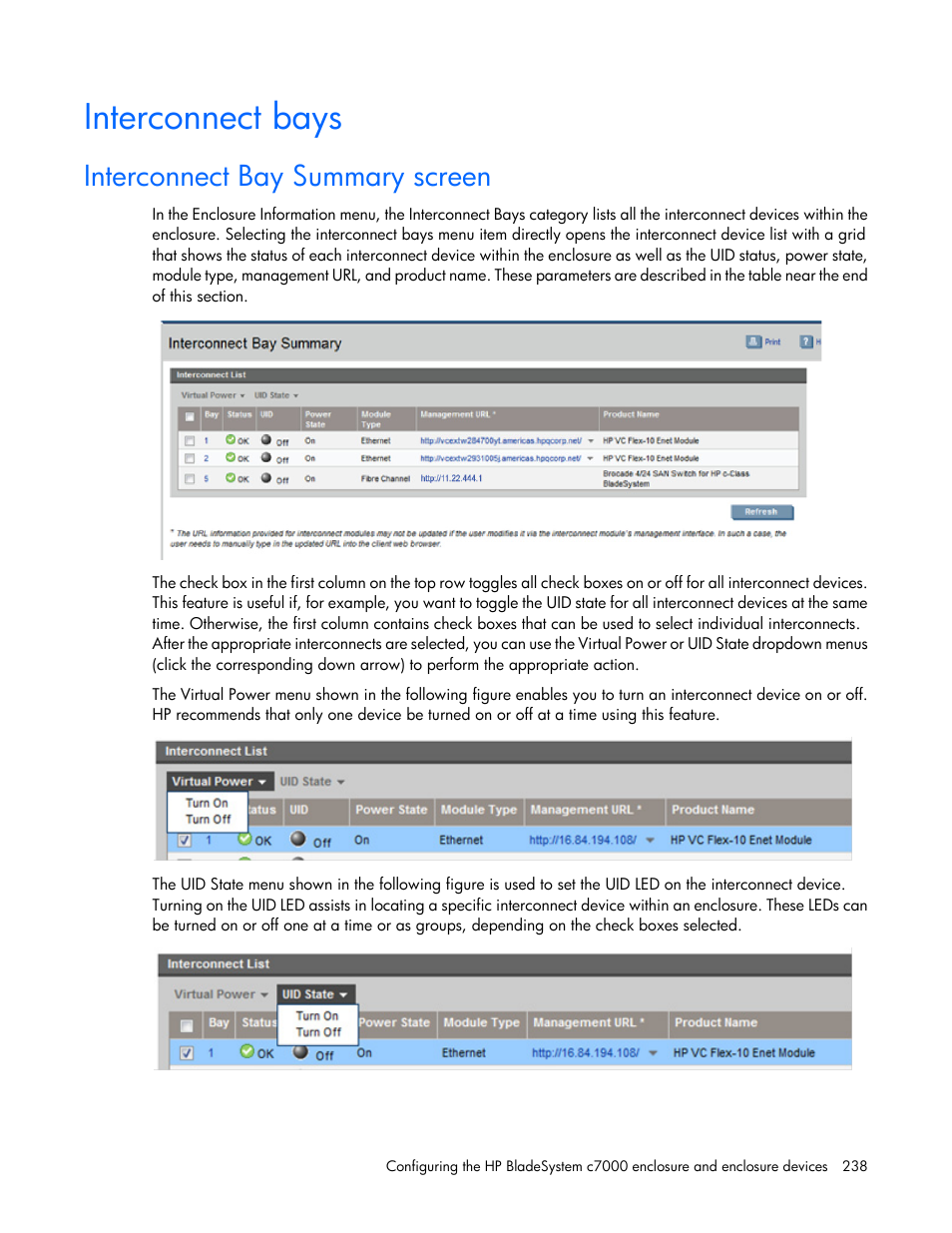 Interconnect bays, Interconnect bay summary screen | HP Onboard Administrator User Manual | Page 238 / 347