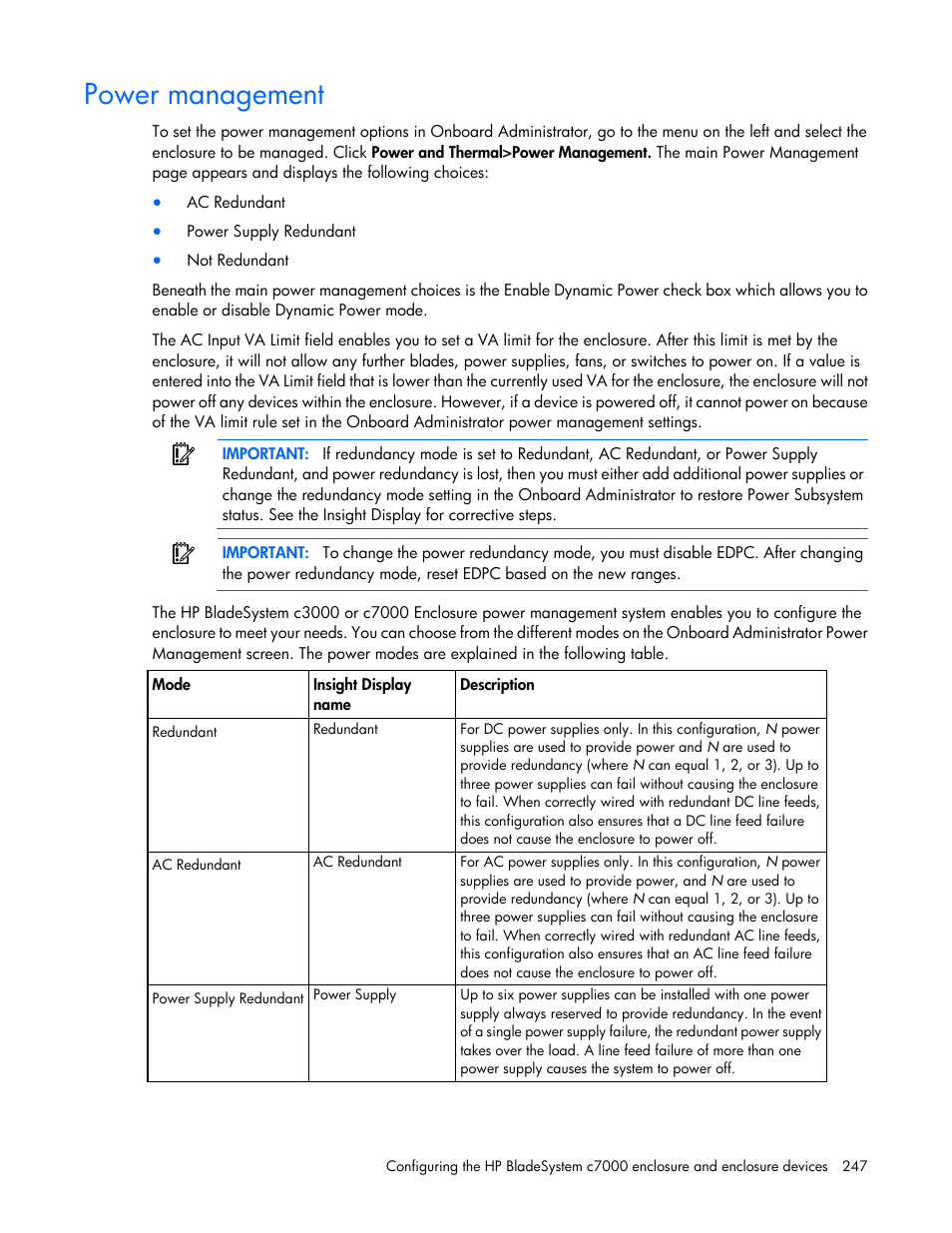 Power management | HP Onboard Administrator User Manual | Page 247 / 347
