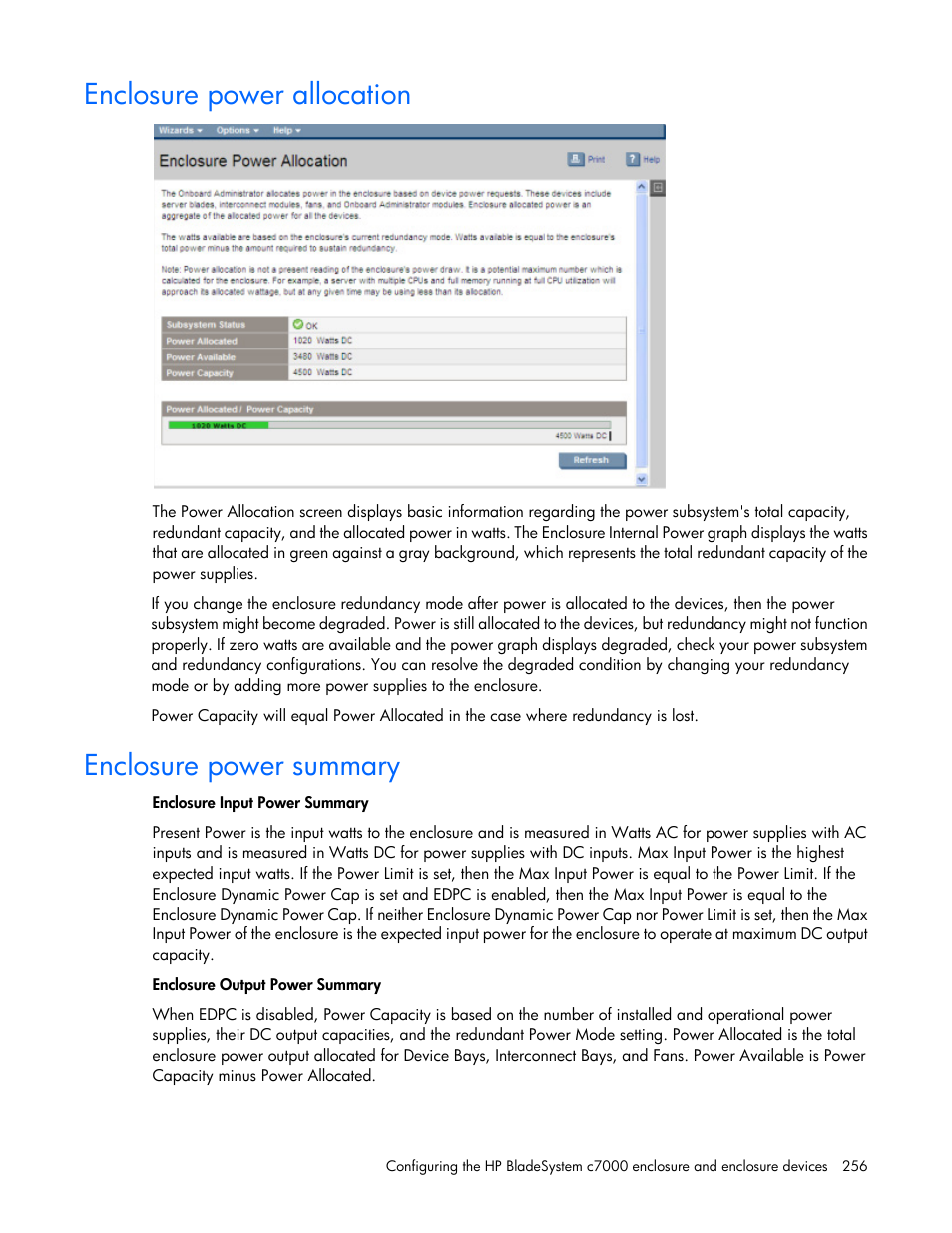 Enclosure power allocation, Enclosure power summary | HP Onboard Administrator User Manual | Page 256 / 347