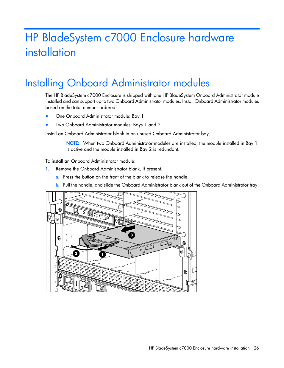 Installing onboard administrator modules | HP Onboard Administrator User Manual | Page 26 / 347