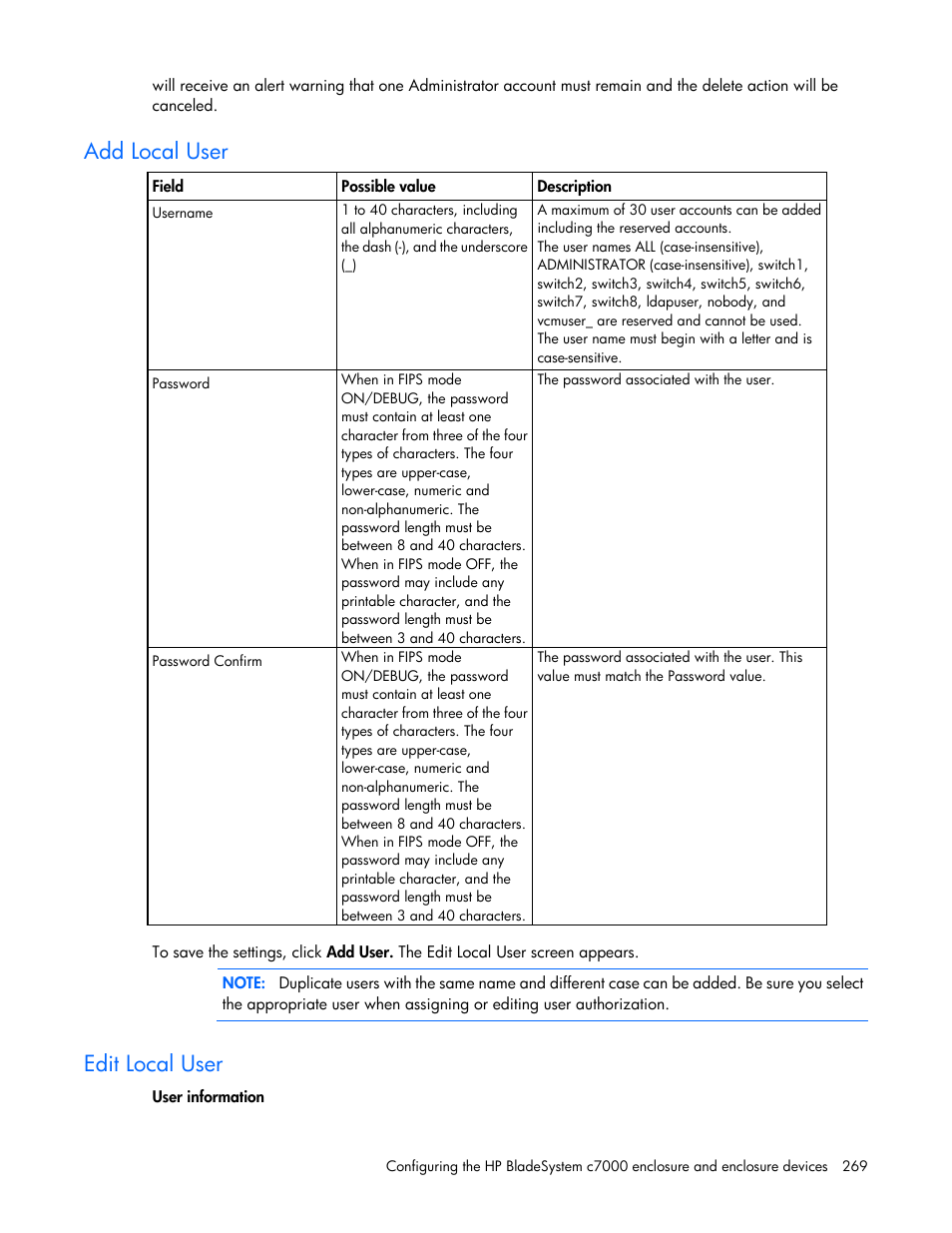 Add local user, Edit local user | HP Onboard Administrator User Manual | Page 269 / 347