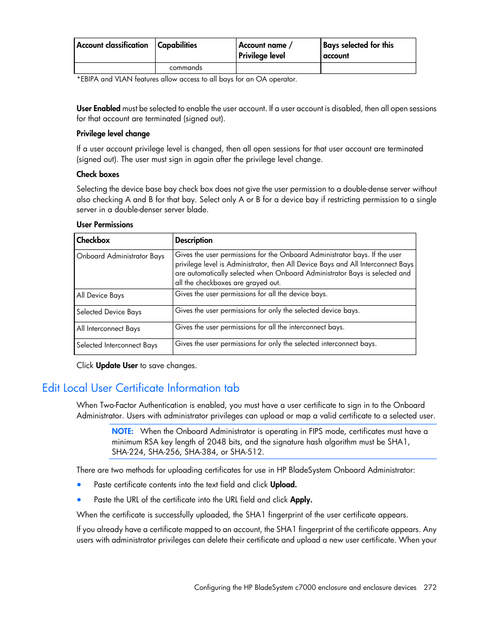 Edit local user certificate information tab | HP Onboard Administrator User Manual | Page 272 / 347
