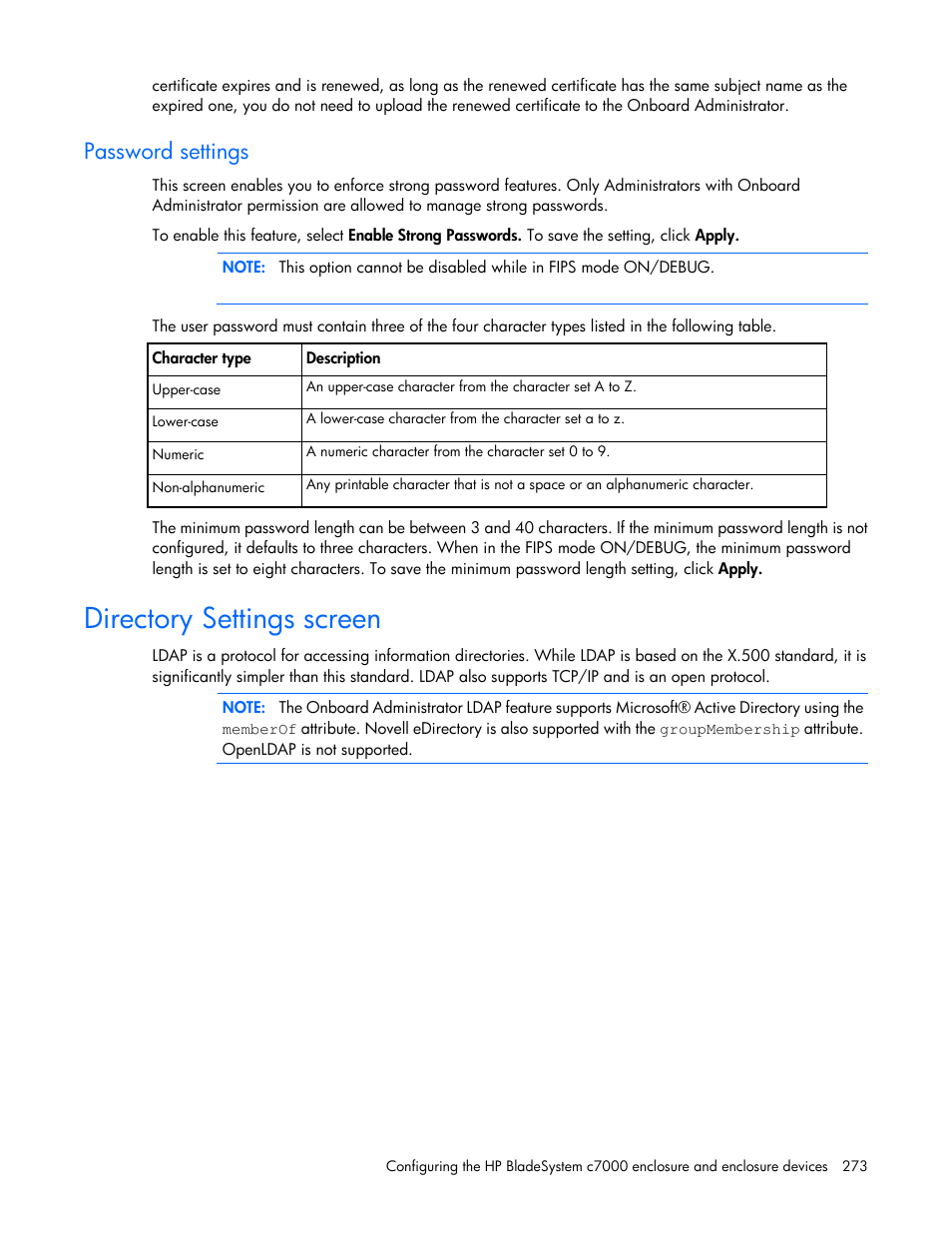 Password settings, Directory settings screen | HP Onboard Administrator User Manual | Page 273 / 347