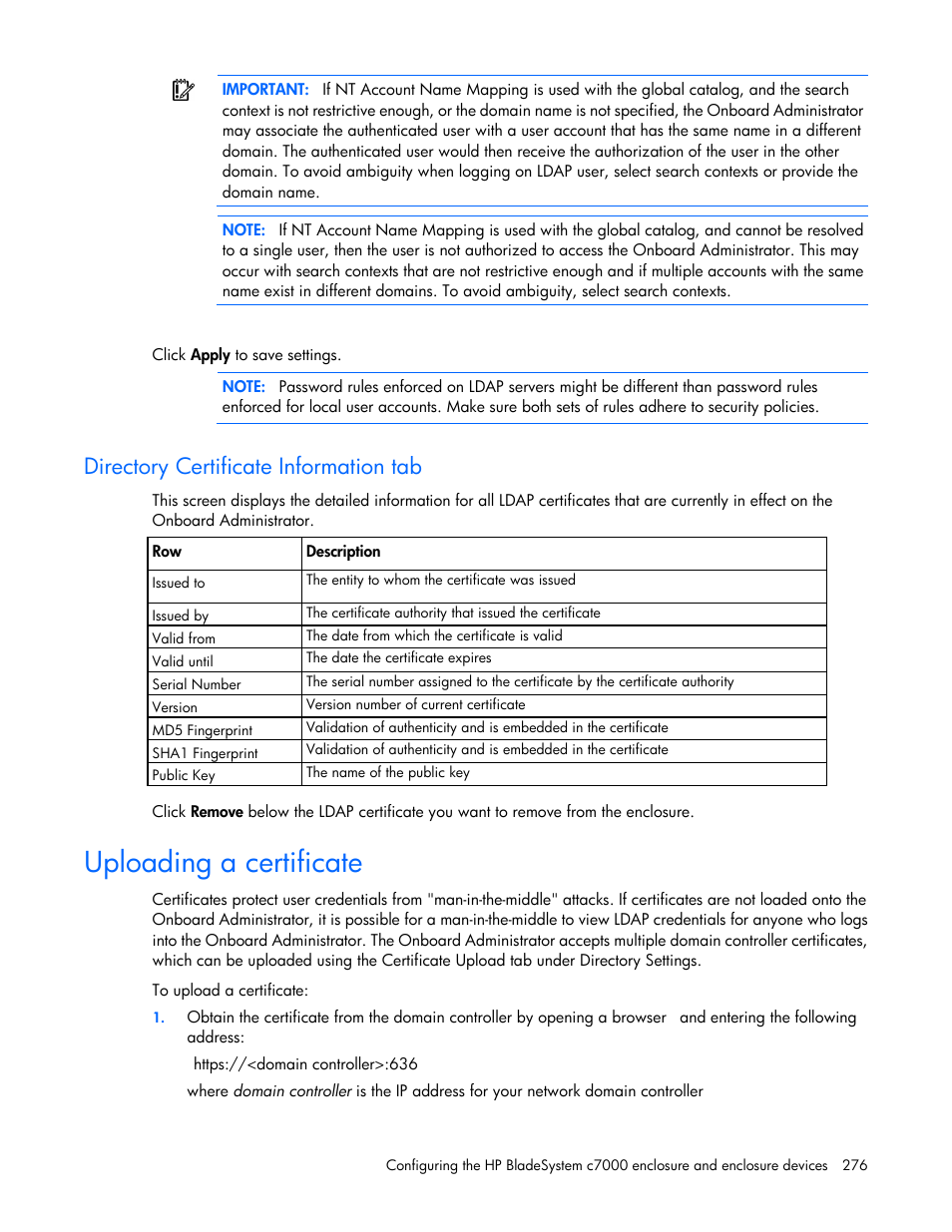 Directory certificate information tab, Uploading a certificate | HP Onboard Administrator User Manual | Page 276 / 347