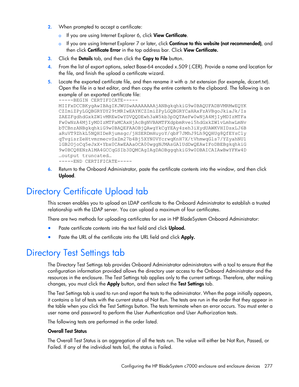 Directory certificate upload tab, Directory test settings tab | HP Onboard Administrator User Manual | Page 277 / 347