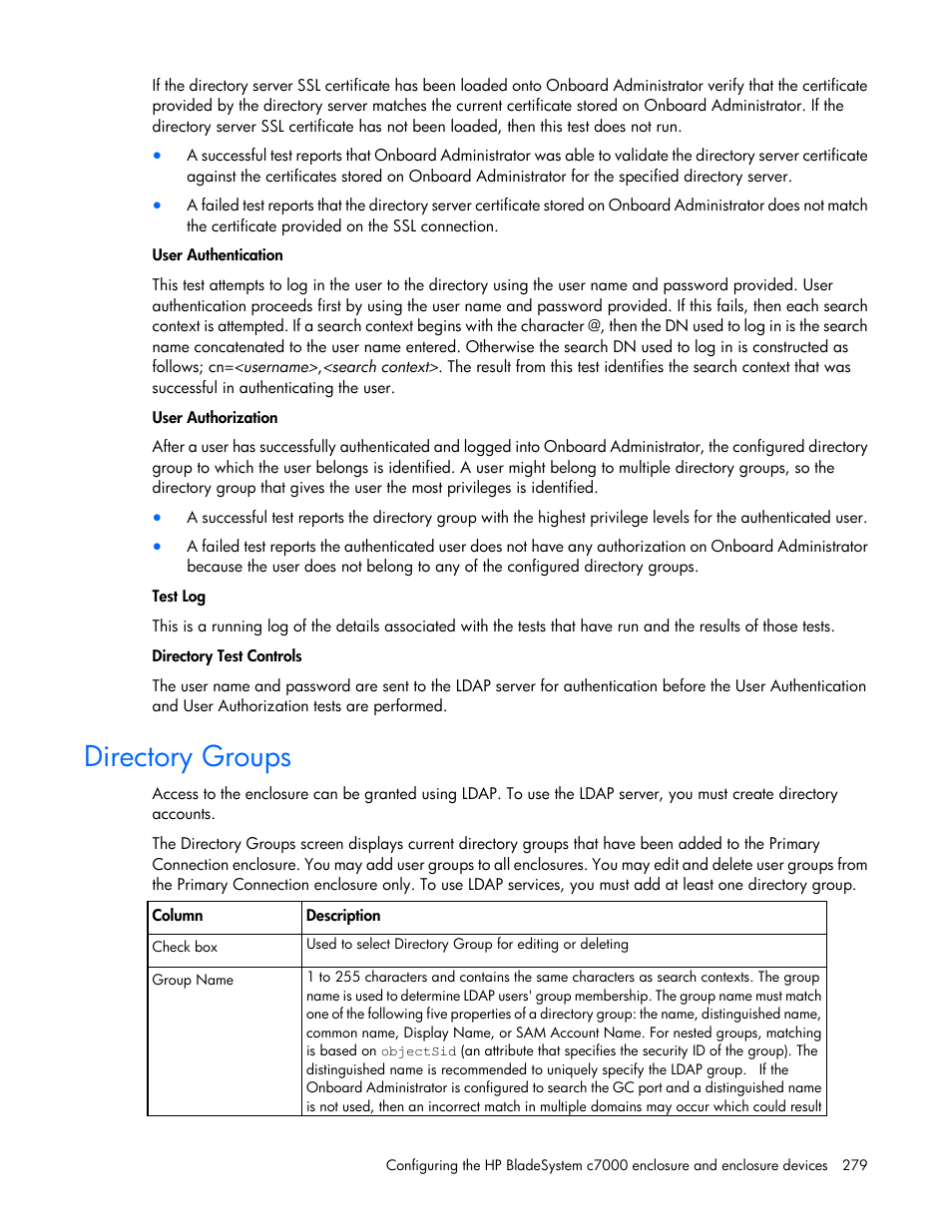 Directory groups | HP Onboard Administrator User Manual | Page 279 / 347