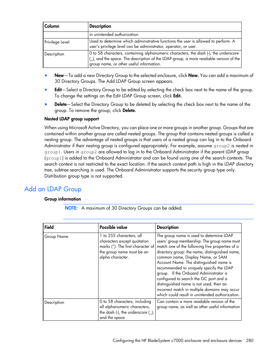 Add an ldap group | HP Onboard Administrator User Manual | Page 280 / 347