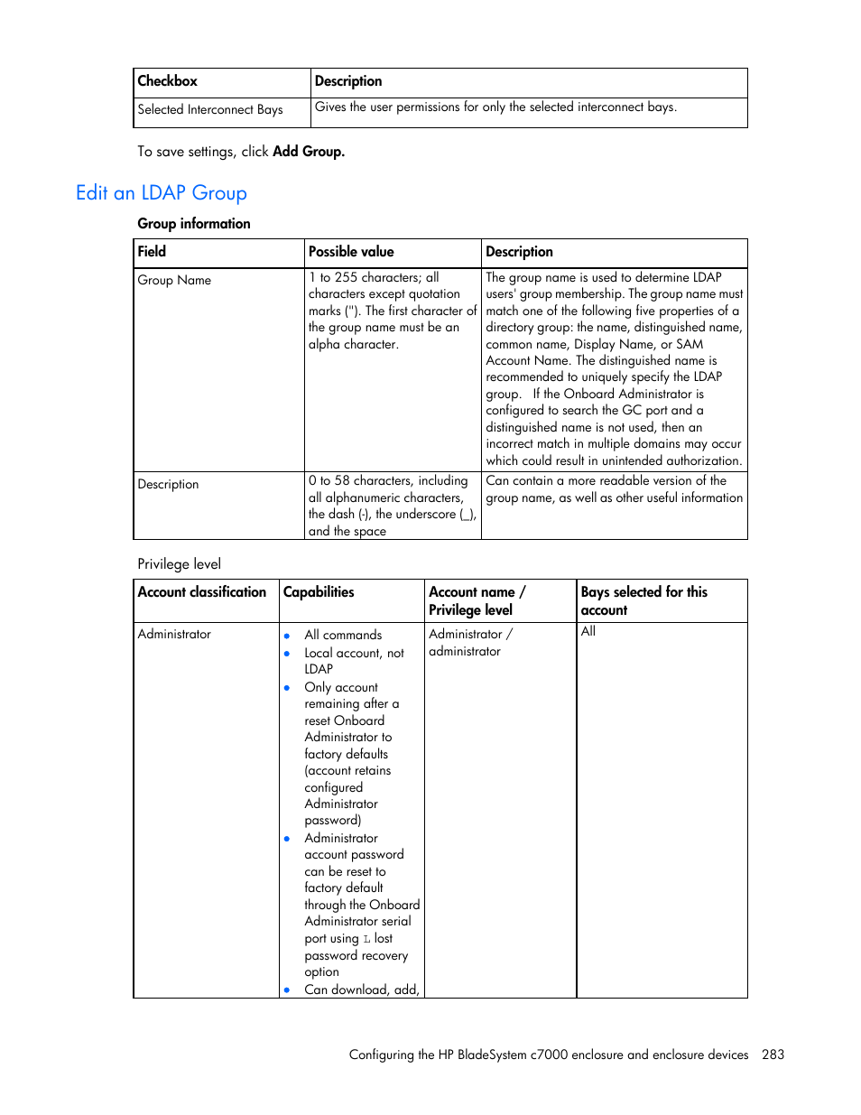 Edit an ldap group | HP Onboard Administrator User Manual | Page 283 / 347