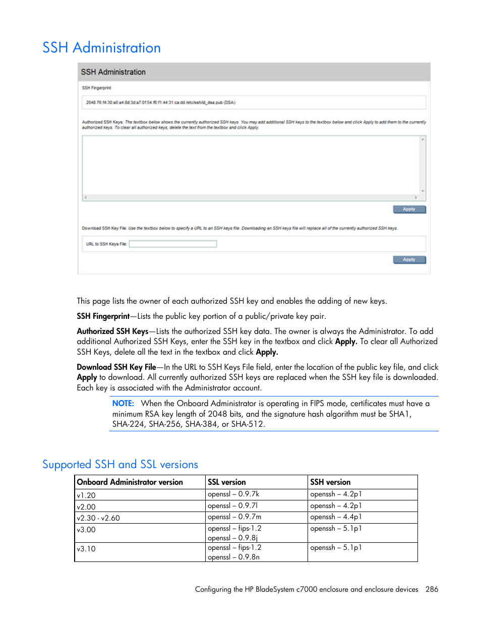 Ssh administration, Supported ssh and ssl versions | HP Onboard Administrator User Manual | Page 286 / 347
