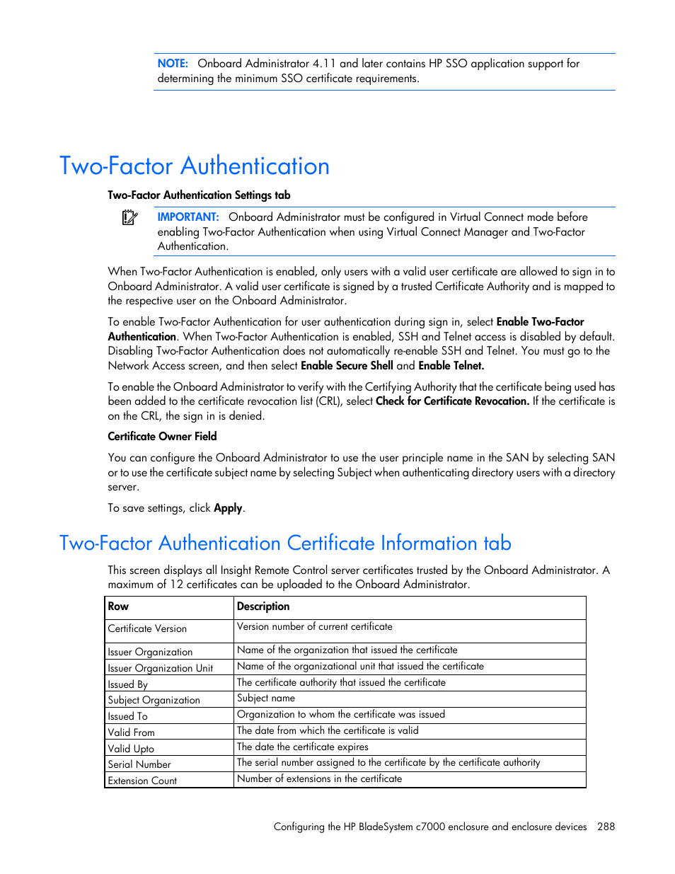 Two-factor authentication | HP Onboard Administrator User Manual | Page 288 / 347
