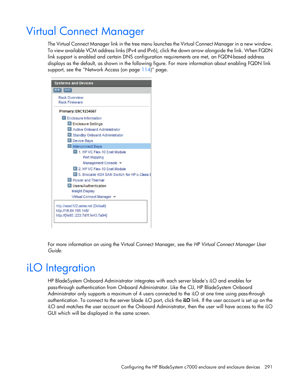 Virtual connect manager, Ilo integration | HP Onboard Administrator User Manual | Page 291 / 347