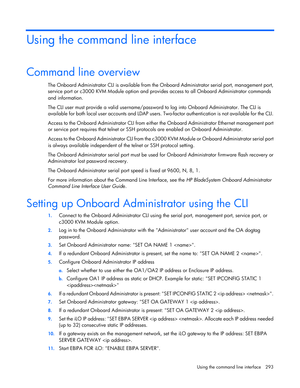 Using the command line interface, Command line overview, Setting up onboard administrator using the cli | HP Onboard Administrator User Manual | Page 293 / 347