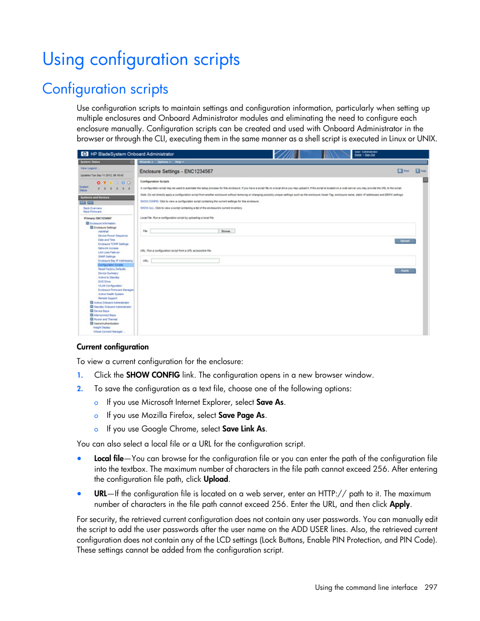 Using configuration scripts, Configuration scripts | HP Onboard Administrator User Manual | Page 297 / 347