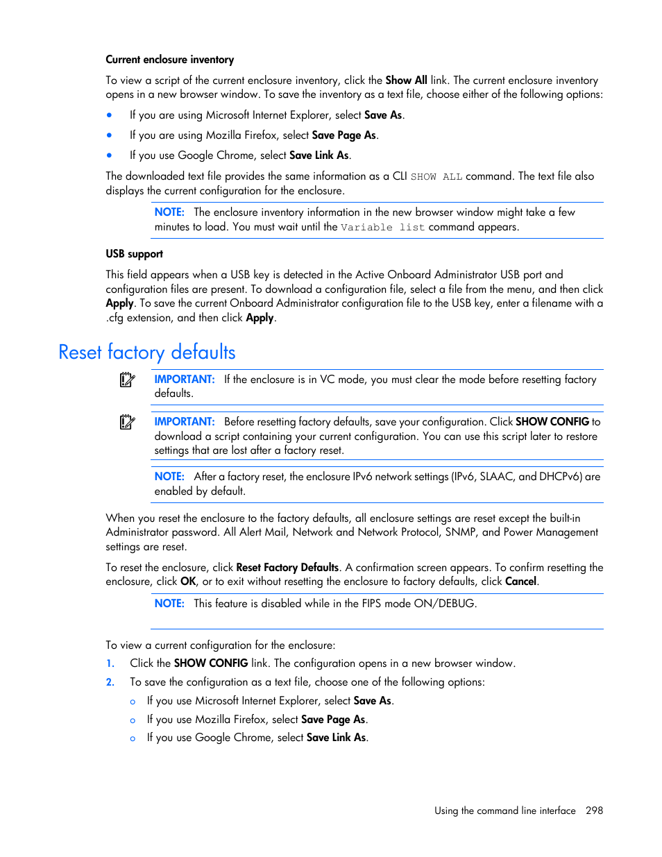 Reset factory defaults | HP Onboard Administrator User Manual | Page 298 / 347