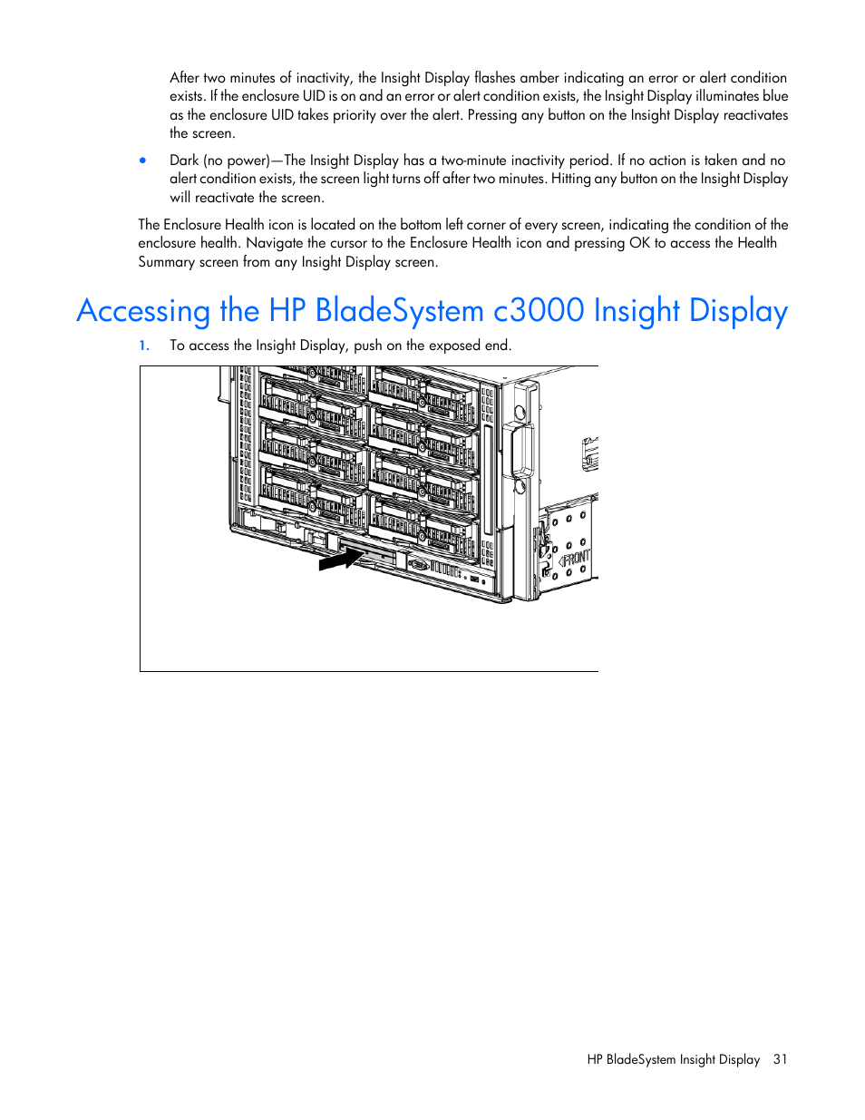 Accessing the hp bladesystem c3000 insight display | HP Onboard Administrator User Manual | Page 31 / 347