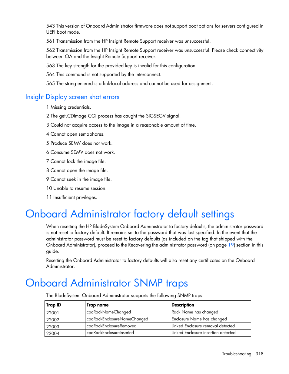 Insight display screen shot errors, Onboard administrator factory default settings, Onboard administrator snmp traps | HP Onboard Administrator User Manual | Page 318 / 347