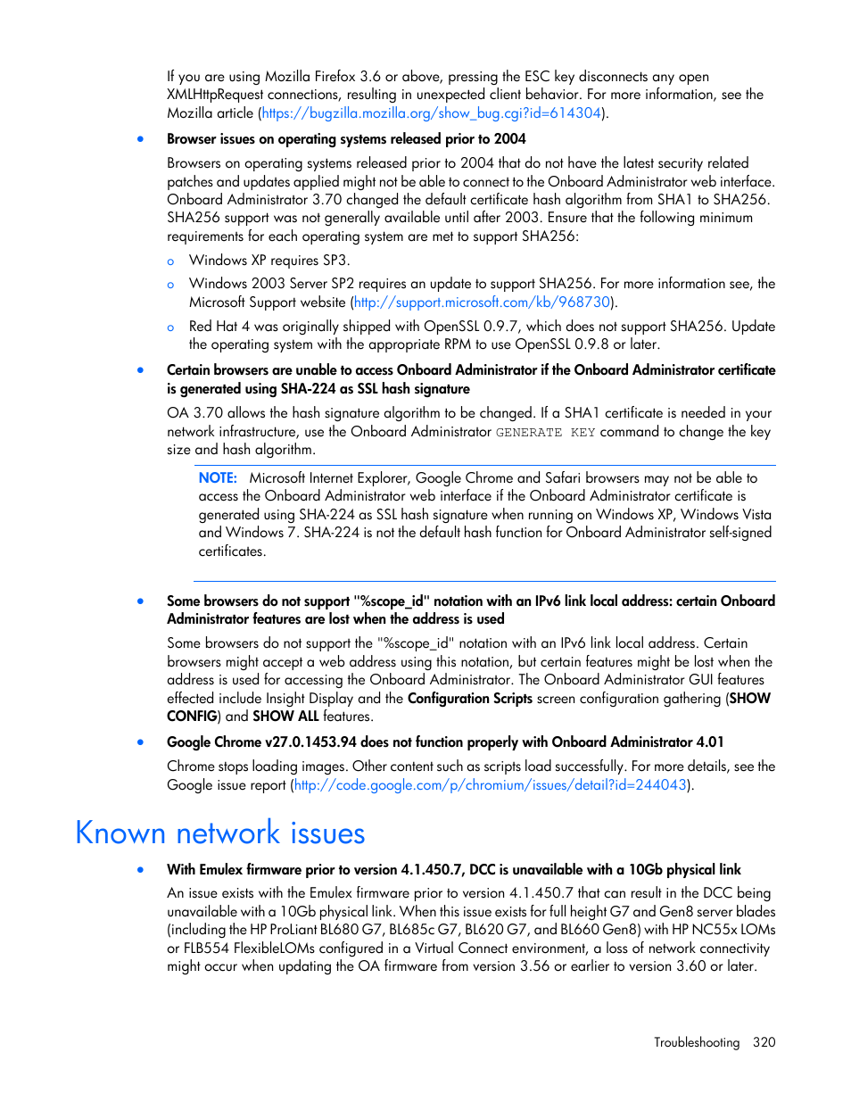 Known network issues | HP Onboard Administrator User Manual | Page 320 / 347