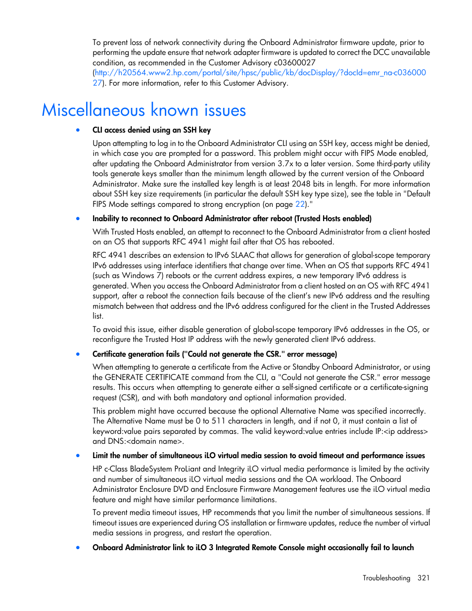 Miscellaneous known issues | HP Onboard Administrator User Manual | Page 321 / 347