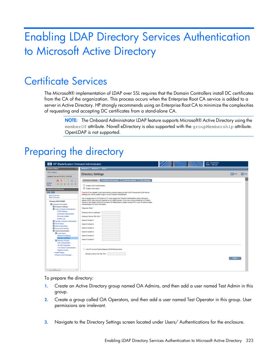 Certificate services, Preparing the directory | HP Onboard Administrator User Manual | Page 323 / 347