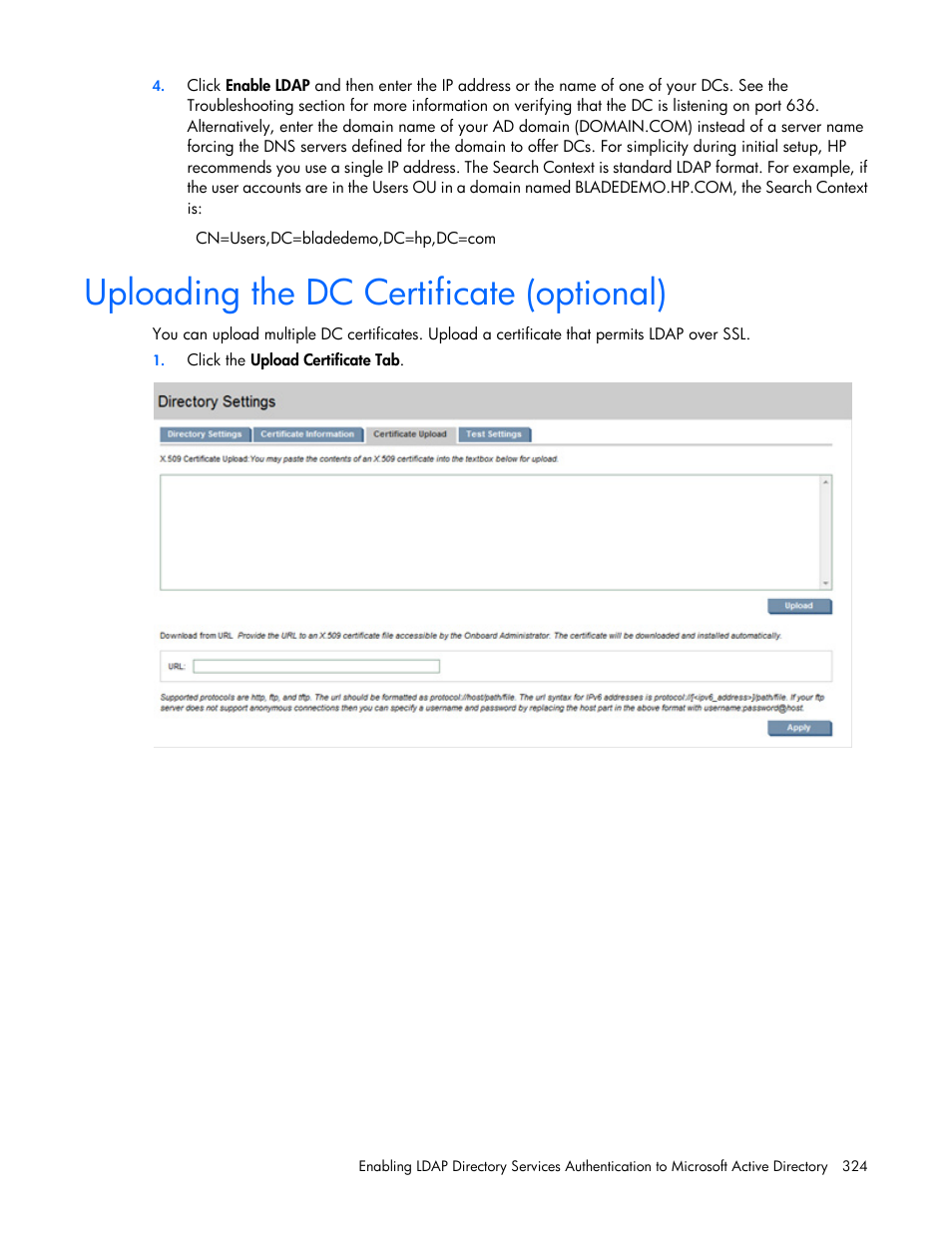 Uploading the dc certificate (optional) | HP Onboard Administrator User Manual | Page 324 / 347