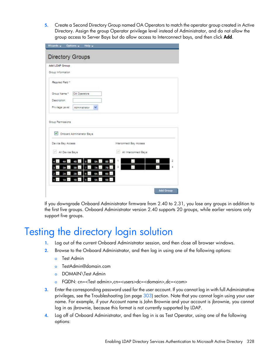 Testing the directory login solution | HP Onboard Administrator User Manual | Page 328 / 347