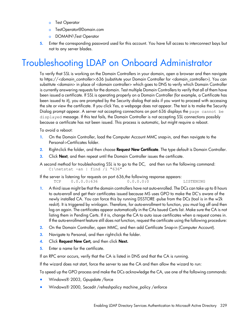 Troubleshooting ldap on onboard administrator | HP Onboard Administrator User Manual | Page 329 / 347
