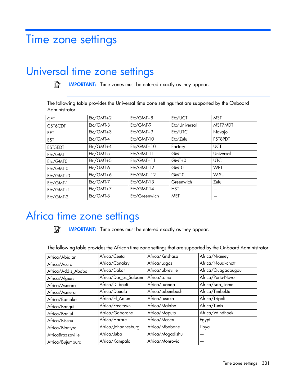 Time zone settings, Universal time zone settings, Africa time zone settings | HP Onboard Administrator User Manual | Page 331 / 347