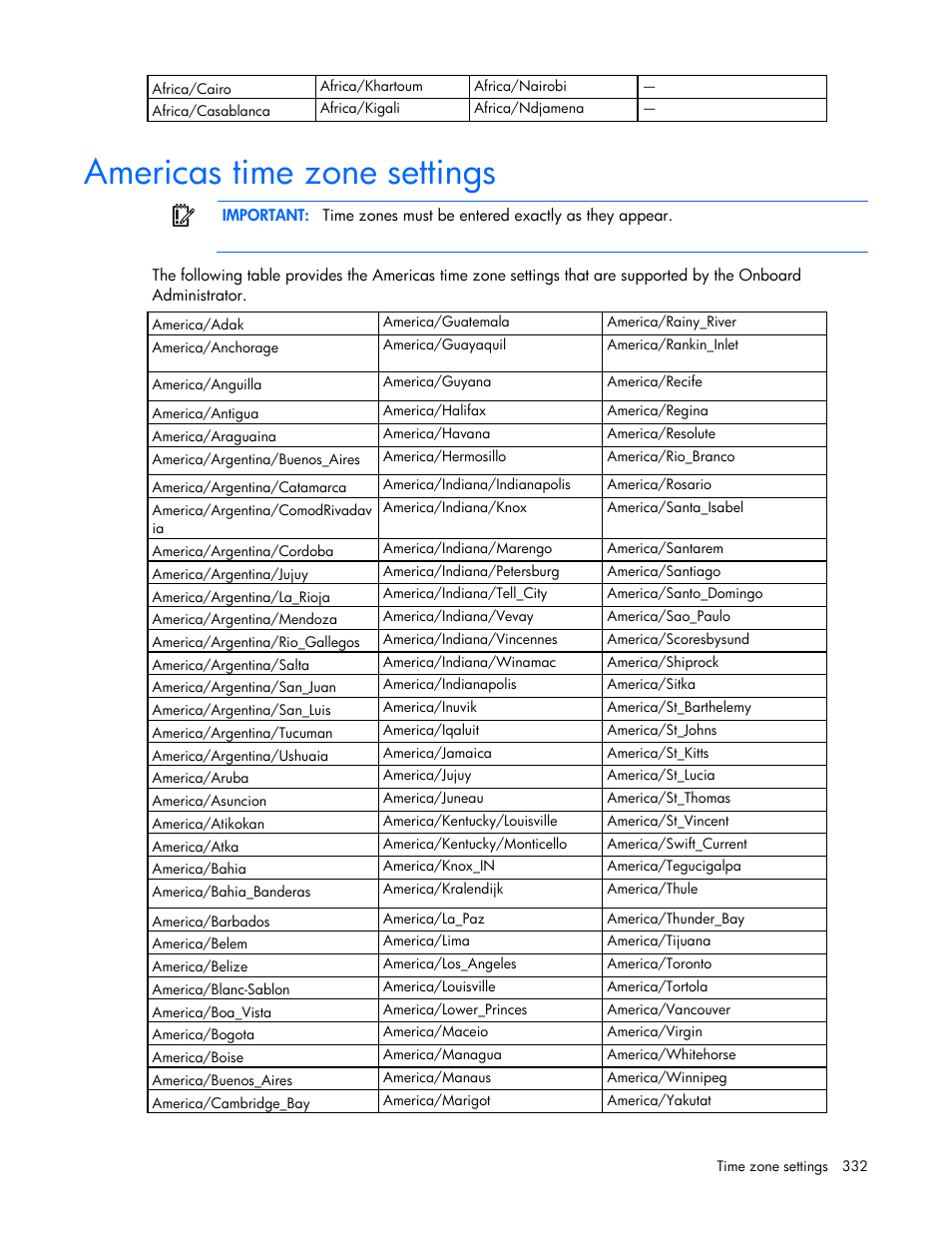 Americas time zone settings | HP Onboard Administrator User Manual | Page 332 / 347
