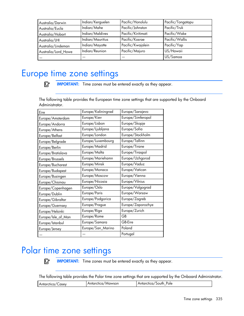 Europe time zone settings, Polar time zone settings | HP Onboard Administrator User Manual | Page 335 / 347