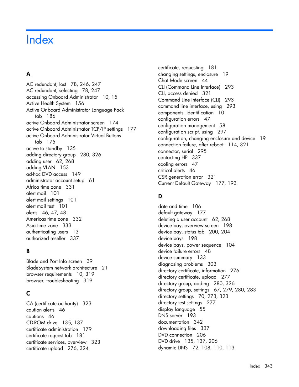 Index | HP Onboard Administrator User Manual | Page 343 / 347