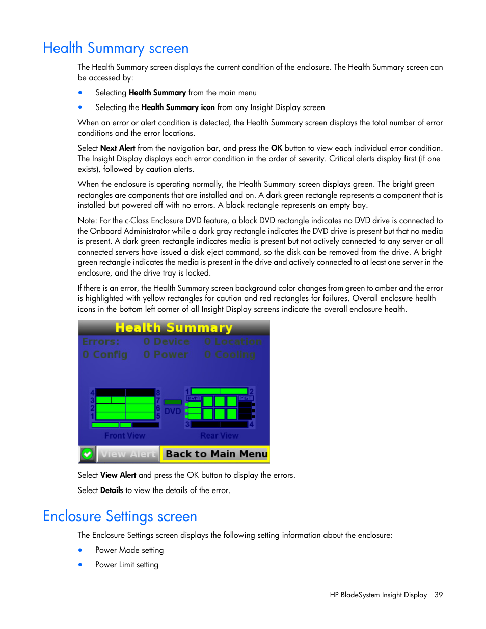 Health summary screen, Enclosure settings screen | HP Onboard Administrator User Manual | Page 39 / 347