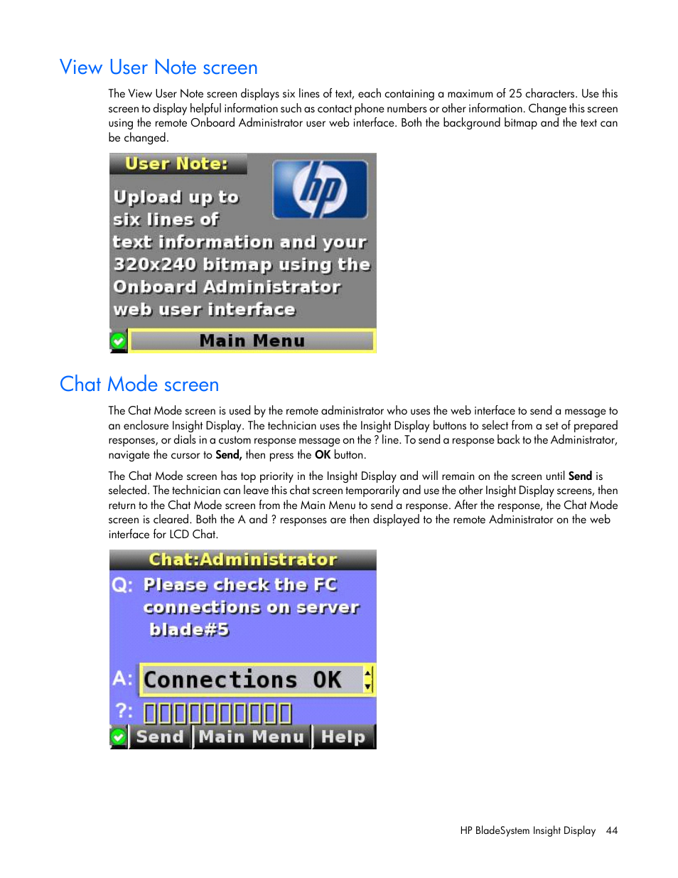 View user note screen, Chat mode screen | HP Onboard Administrator User Manual | Page 44 / 347
