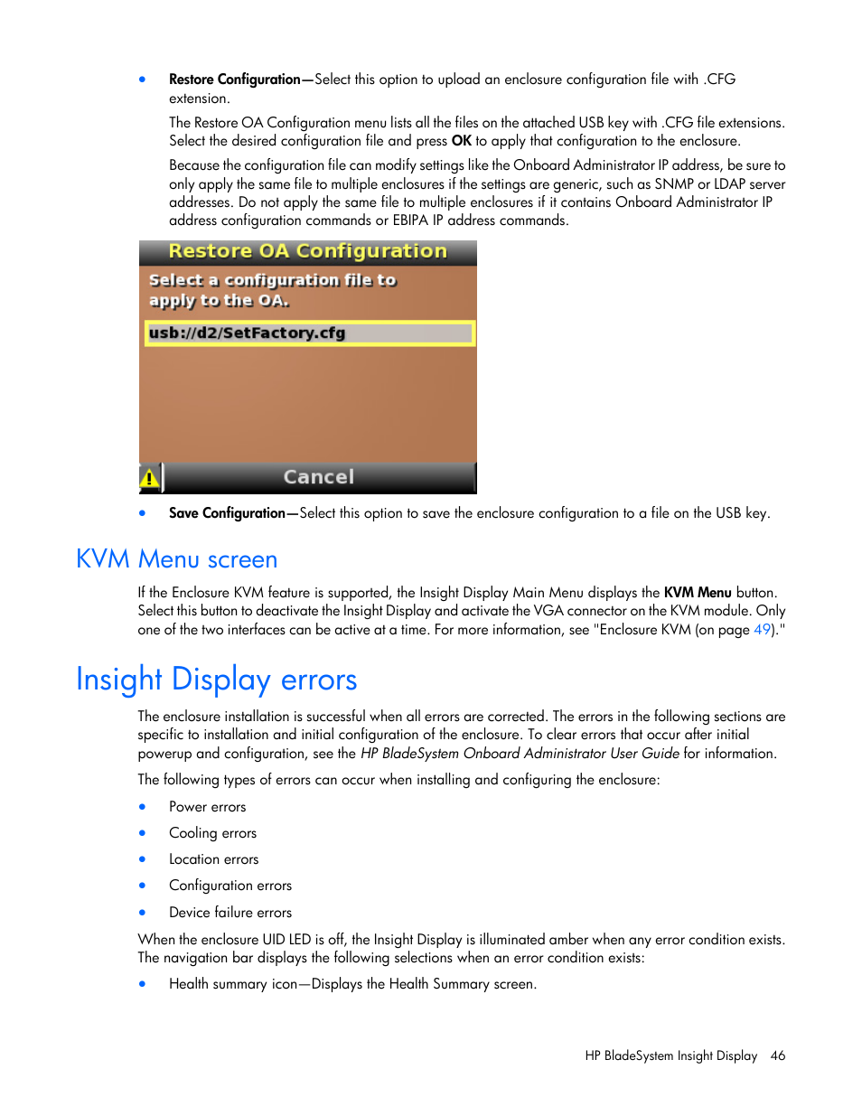 Kvm menu screen, Insight display errors | HP Onboard Administrator User Manual | Page 46 / 347