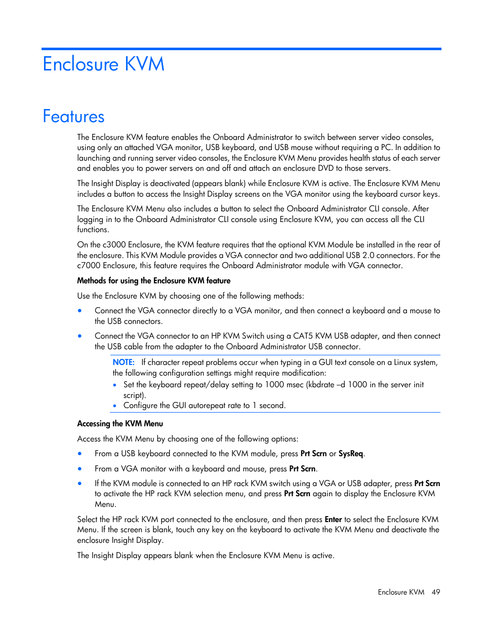 Enclosure kvm, Features | HP Onboard Administrator User Manual | Page 49 / 347