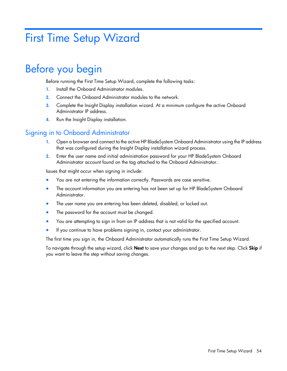 First time setup wizard, Before you begin, Signing in to onboard administrator | HP Onboard Administrator User Manual | Page 54 / 347